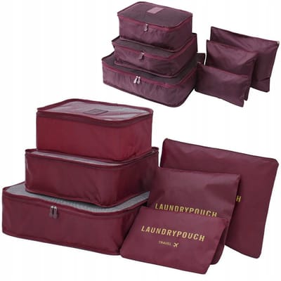 Set van 6 Reisorganizers voor Koffers – Wasnetten met Ritssluiting – Stof & Mesh – Bordeauxrood