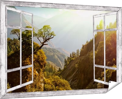 Gards Tuinposter Doorkijk Bos in de Bergen met Zonneschijn - Kleur - 180x120 cm - Tuindoek - Tuindecoratie - Wanddecoratie buiten - Tuinschilderij
