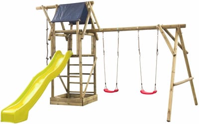 Houten Speeltoestel Niels (SwingKing) | Speeltoren met Glijbaan en Dubbele Schommel voor Buiten in de Tuin | FSC Hout - Glijbaan Geel