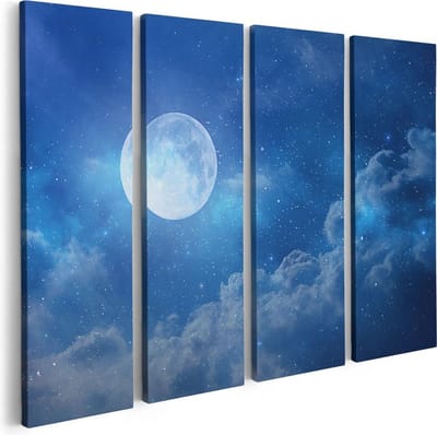 Artaza Canvas Schilderij Vierluik Volle Maan in de Blauwe Hemel met Sterren - 80x60 - Foto Op Canvas - Canvas Print