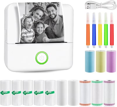 VIN® Mini Printer – Inclusief Thermisch/Zelfklevend/Etiket-Papier, USB-kabel, Aquarelpen, Transparant Sticke – Foto Printer Draadloos – Mobiele Fotoprinter - Wit