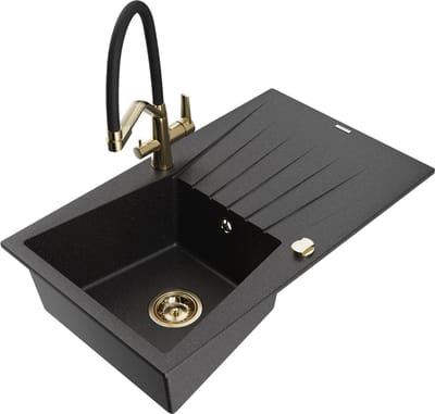 Mexen Cesar granieten gootsteen 1-komors met afdruipplank en keukenmengkraan Duo, zwart/zilver metallic - 6514-73-671701-57-G