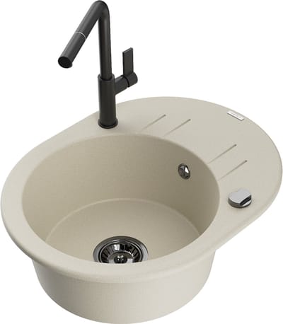 Mexen Kevin granieten gootsteen 1-kamer met afdruiprek en keukenmengkraan Flora, beige - 6517-69-670401-70-B