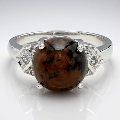 Cavill - 3,07 ct Mahonie Obsidiaan & 0,043 ct Witte Topazen - 925 Sterling Zilver - Elegante Cabochon Damesring - Tijdloos Design