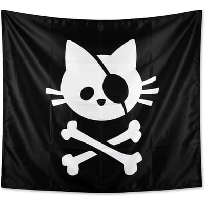 Piraat Kat Wandkleed Platte Print Zwart Wit Schedel Kruisbeenderen Wanddecoratie voor Tiener Jongens Kamer Studentenkamer Decor Esthetisch 40X60CM