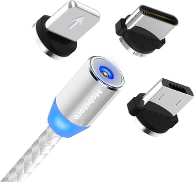 Mobstore Magnetische Oplaadkabel - 1M - Zilver - 3 in 1 - Snellader - Geschikt voor Lightning / USB-C / Micro USB - Magneet Oplader - 2.4A Fast Charge Output - Sterke Magneet - Geschikt voor iPhone / Samsung / Huawei