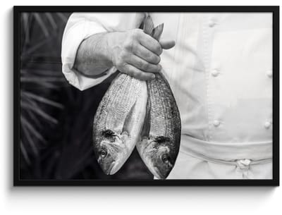 Poster in lijst - Fotolijst 90x60 cm - Posters - Vissen - Chef - Zwart - Wit - Posterlijst zwart - Decoratie - Wanddecoratie woonkamer - Muurdecoratie slaapkamer