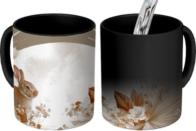 Magische Mok - Foto op Warmte Mokken - Koffiemok - Konijn - Bruin - Bloemen - Cirkel - Magic Mok - Beker - 350 ML - Theemok