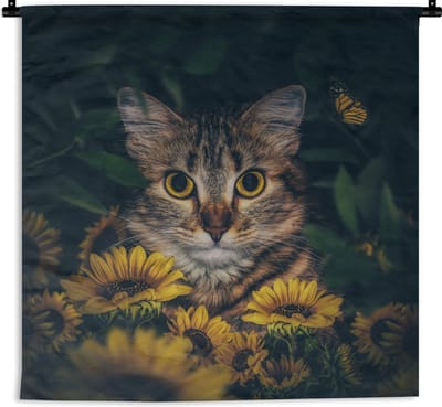 Wandkleed - Wanddoek - Kat - Geel - Bloemen - Botanisch - 180x180 cm - Wandtapijt