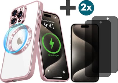 Hoesje met Privacy Screenprotectors 2 Stuks Geschikt voor iphone 15 Pro Hoesje - Geschikt voor MagSafe - Arara siliconen Backcover - Rosegoud