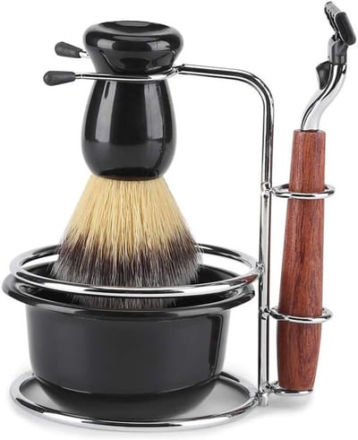 Complete Scheerset voor Mannen - 4-delige Set met Handmatige Scheermes, RVS Standhouder, Borstel en Kom voor een Perfecte Scheerbeurt