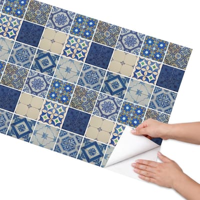Coloray Meubel Wrap Folie - Blauw Meubelfolie - 65x130 cm - Wrapfolie Keuken Stijlvolle tegels - Decoratiefolie - Geometrische Meubelfolie - Meubel Wrap Folie - Woonkamer decoratie - Achtergronden en patronen