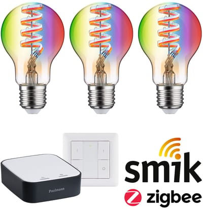 Paulmann Zigbee 3.0 Smart Home Startset Smik Gateway + Wandschakelaar + 3x Filament LED Lamp E27 RGBW - 2200K-6500K - Goud - Dimbaar