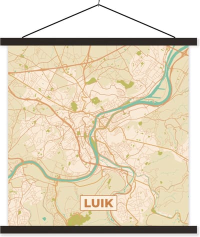 Posterhanger incl. Poster 60x60 cm - Schoolplaat - Luik - Kaart - Vintage - Plattegrond - Stadskaart - Textielposter - Zwarte latten - Stadskaart