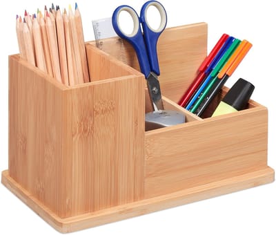 Famanu – Bamboe pennenbak organizer met 3 vakken – voor bureau & badkamer – ruime tafel organizer