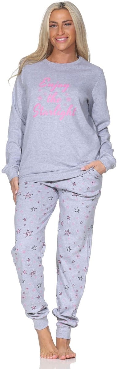 Normann dames lange pyjama in knuffelzachte interlock kwaliteit met boorden in sterlook