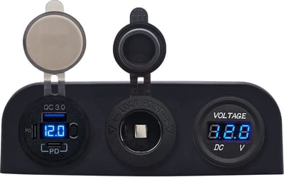 ProRide 12V USB Autolader 3 Poorten - QC3.0 - Voltmeter en 12V/24V Sigarettenplug - Drievoudig opbouw paneel