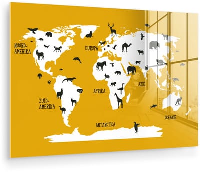 ® Glasschilderij 150x100 cm - Schilderij acrylglas - Wereldkaart Kinderen - Dieren - Geel - Foto op glas - Muurdecoratie woonkamer - Wanddecoratie slaapkamer - Schilderijen
