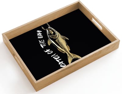 Dienblad hout 40x30 cm - Schootdienblad - Vis - Zwart - Goud - Tekst - Borrelplank rechthoek - Plateau dienbladen