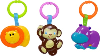 Speelgoedtopdeals - Rammelaar Hangspeeltje Buggyspeeltje - Cadeauverpakking Leeuw Aap Nijlpaard