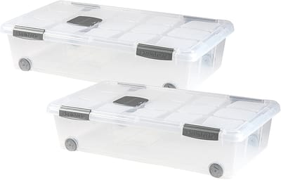 Plasticforte Opslagbox - 2x stuks - met deksel - 30L - 73 x 41 x 18 cm - transparant - opbergbak - met wielen