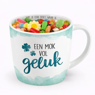 Mok - Koffie - Cadeau - Traktatie - Een Mok Vol Geluk - Keramiek - Verjaardag - Gevuld Met Snoep - Zijden lint: "Speciaal voor jou"
