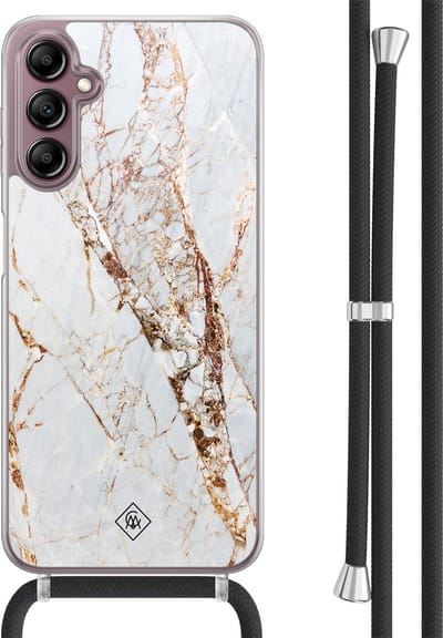 Casimoda® hoesje met koord - Geschikt voor Samsung A14 - Marmer Goud - Afneembaar koord - TPU/acryl - Goudkleurig