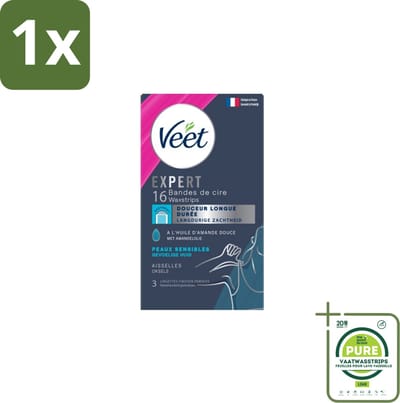1 x Veet – Ontharingsstrips – Expert Gevoelige Huid Oksels – 16 Strips - Okselhuid Ontharing - Waxstrips Oksels - Haartjes Verwijderen - Gevoelige Huid Verzorgen - Amandelolie Waxstrips