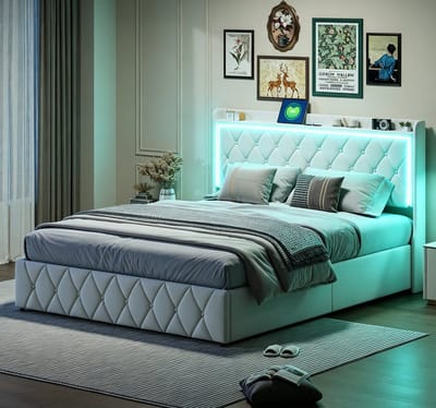 Tweepersoonsbed 140x200 cm met LED Verlichting & USB/Type-C – Beige