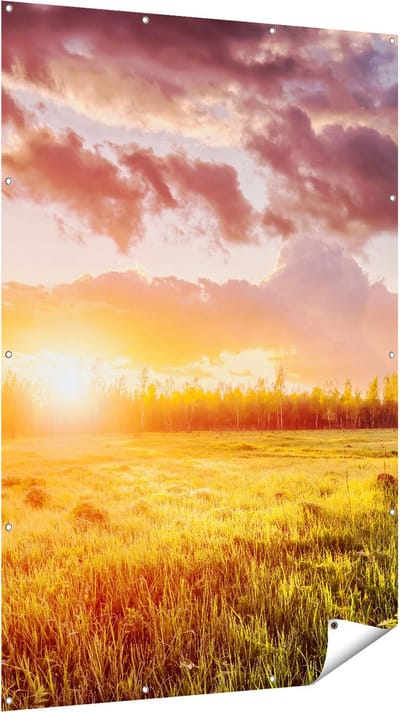 Gards Tuinposter Zonsopkomst in het Veld - 120x180 cm - Tuindoek - Tuindecoratie - Wanddecoratie buiten - Tuinschilderij