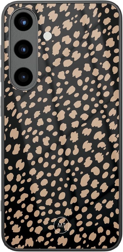 Hoesje geschikt voor Samsung Galaxy S25 - Savannah spots - Hard Case Zwart Back Cover - Gestipt - Zwart, Bruin - Mooie Telefoonhoesjes