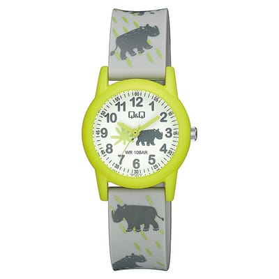 Q&Q V22A-017VY - Horloge - Polshorloge - Sport - Analoog - Kinderen - Unisex - Plastic band - Rond - Kunststof - Cijfers - Neushoorn - Grijs - Geel - Wit - 10 ATM