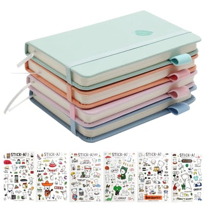 Dailygoods - 4 stuks paperback A6, mini-notitieboeken van kunstleer, draagbaar, met 6 stickers, klein kleurrijk notitieboek voor kinderen, volwassenen, vrouwen, mannen (A6)