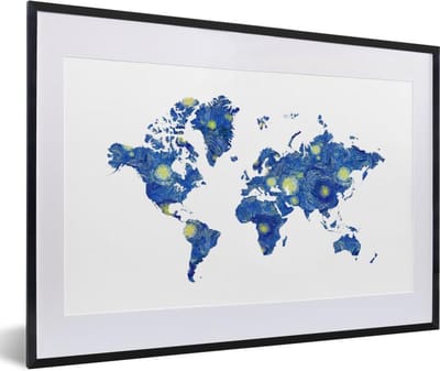 Poster in lijst - Fotolijst 60x40 cm - Posters - Wereldkaart - Van Gogh - Sterrennacht - Posterlijst zwart - Decoratie - Wanddecoratie woonkamer - Muurdecoratie slaapkamer