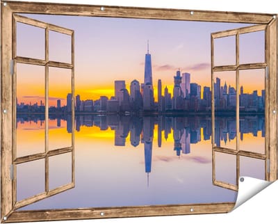 Gards Tuinposter Doorkijk New York Skyline bij Zonsopgang - 150x100 cm - Tuindoek - Tuindecoratie - Wanddecoratie buiten - Tuinschilderij