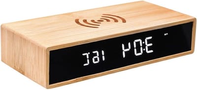 Houten Wekker - Digitale Klok - Bureau Organisatie - Draadloos Opladen - 17 x 9 x 5 cm - Houtkleur
