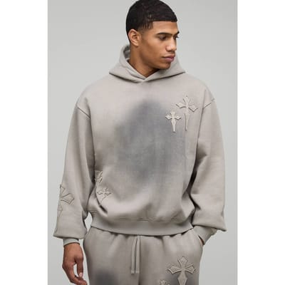 Oversized Boxy Spray Wash Cross Applique Hoodie | Grey | Size XS