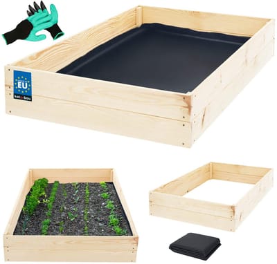 KOTARBAU® Moestuinbak, Verhoogd Tuinbed, Vurenhout, 140 x 80 x 18 cm, Natuurlijk, Plantenbed, met Vlies en Handschoenen met Klauwen, Groentebed, Bloembak Hout Buiten