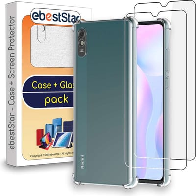 ebestStar - Hoes geschikt voor Xiaomi Redmi 9A, Silicone Slim Cover Case, Versterkte Hoeken en Randen hoesje, Transparant + Gehard Glas x2