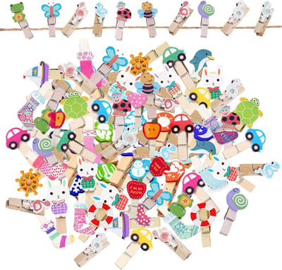 decoratieve wasknijpers, hout, schattige cartoon-patroonhouder, kids, small Peg met jute koord voor doe-het-zelf foto-display (100 stuks)