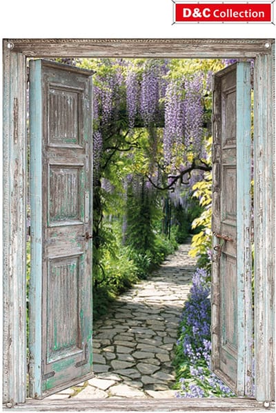 Tuindoek doorzicht open deuren - 65x90 cm - doorkijk deuren blauwe regen - tuinposter - schuttingposter - tuindecoratie - schuttingdoek