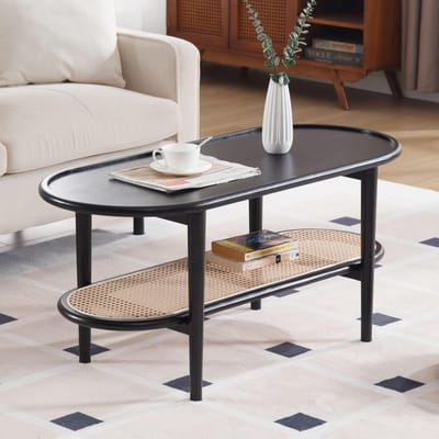 Houten Salontafel - Bijzettafel Rotan - Woonkamer Decoratie - Twee Lagen Opslag - 1005 cm Breed - Zwart