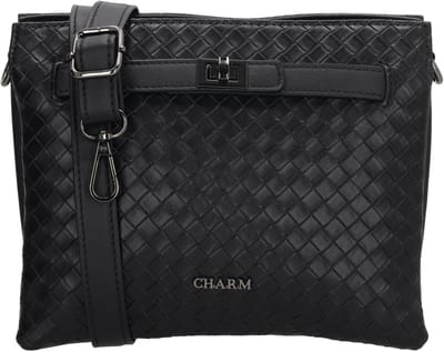 Charm London Mirabello Crossbodytas - Gevlochten Detail - Gesp Voorop - Drie Vakken - Ritssluiting - Verstelbare Band - Dames - Schoudertas - Zwart