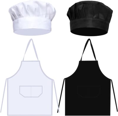 Set van 4 Volwassen Schorten met Kookmuts, Verstelbare Schorten met 2 Zakjes voor Thuis, Keuken en Bakken