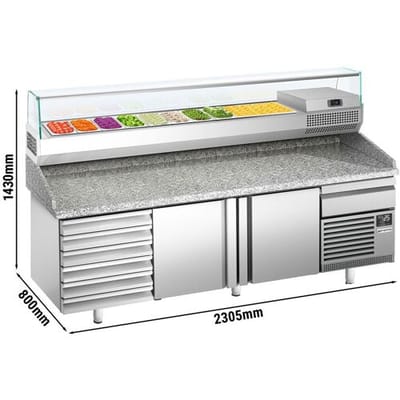GGM Gastro Pizzakühltisch Premium PLUS - 2305x800mm - mit 2 Türen & 7 Schubladen - inkl. Kühlaufsatzvitrine - 10x GN 1/3 Zilver