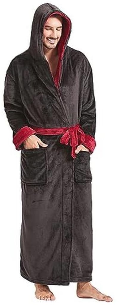 Pluche badjas met capuchon voor heren - Lange, warme fleece badjas met zwarte rand