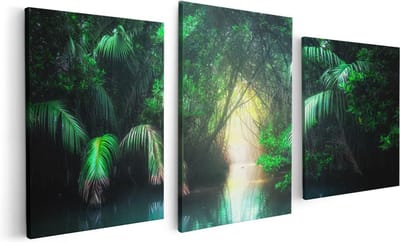 Artaza Canvas Schilderij Drieluik Tropische Jungle Met Een Turquoise Meer - 120x60 - Foto Op Canvas - Canvas Print