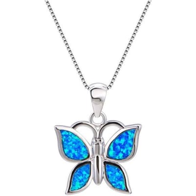 Blauwe Vuur Opale Schattige Vlinder Hanger Geboortesteen Kettingen Voor Vrouwen Bruiloft Sieraden Vintage Mode 925 Zilveren Dieren Ketting 45cm white