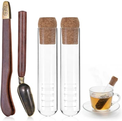 Dailygoods- Thee-infuser Set van 2 - Glazen Thee-ei met Kurkdeksel - Theelepel - Theetang - 14,5 cm - Puur en Zuiver Smaakprofiel - Theezeef