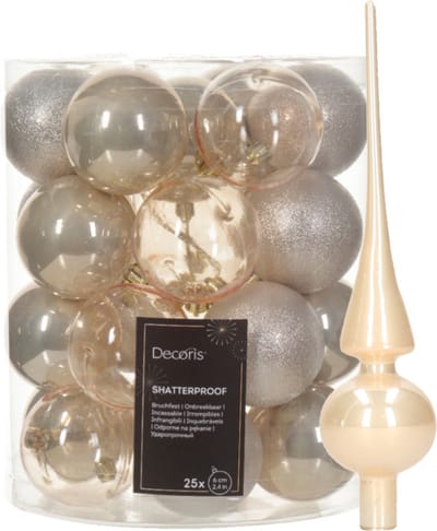 Kerstversiering set - 26-dlg - champagne - kunststof kerstballen en glazen piek